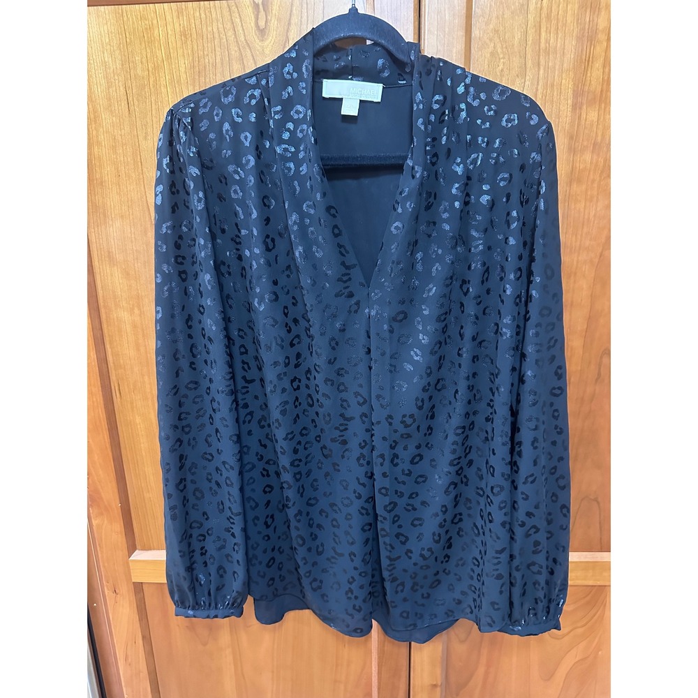 Michael Kors Women XL Black Metallic Leopard Print V-Neck Mock Neck Blouse Sheer